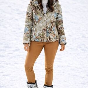 BOGNER Womens Down Cheetah Asian Floral Hooded Ski Jacket Sz Large Ubiq